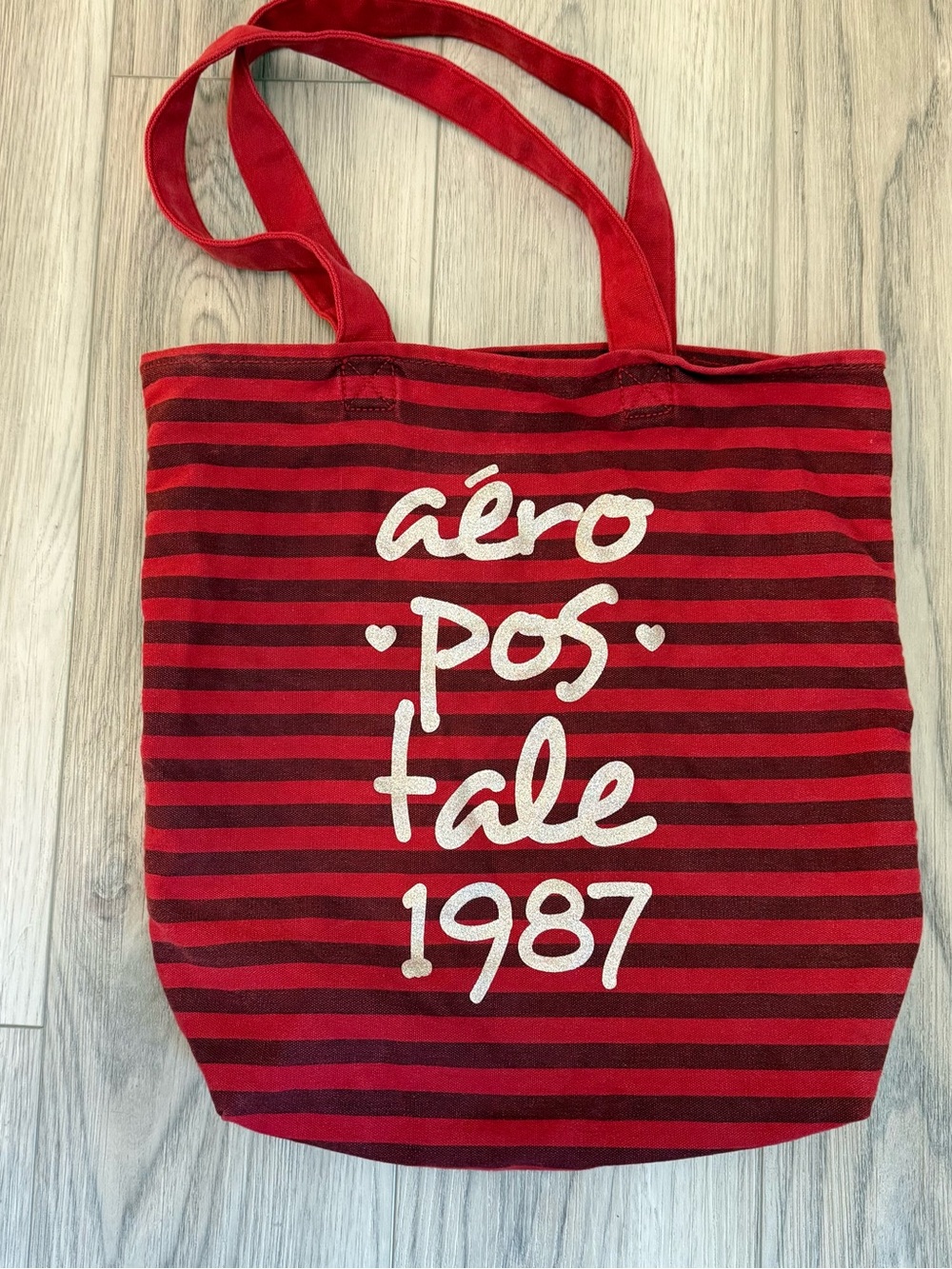 Vintage Y2K Aeropostale Red Striped Canvas Mall Tote With Silver Glitter Logo